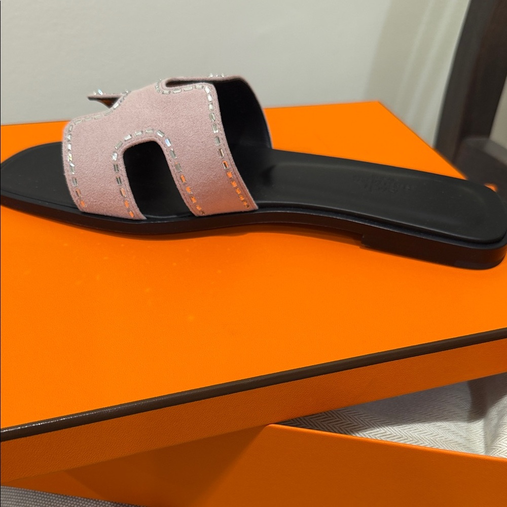 Hermes Oran Pink and Black Slide Sandals